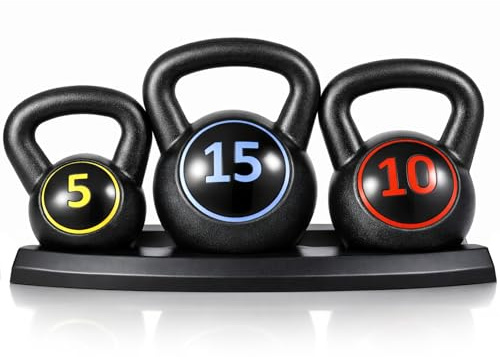 3 Piece Kettlebell Set 5/10/15 lb with Storage Rack, Vinyl Coated Kettlebells with Wide Non-Slip Handles, Flat Base Free Weights for Home Gym, Strength Training, HIIT, Fitness Workout