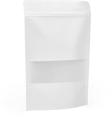 Evergreen Goods 50 White Kraft Paper Bags - 140x200mm | Resealable Food Storage Bags | Matte Window Designs | Grip Seal Zip Lock & Tear Notch | Splashproof | Multipurpose Gifts for Valentine Etc