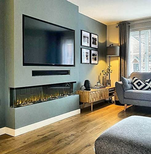 DIGITAL FLAMES DESIGNER Electric Fire Panoramic Modern 50 60 Inch LED PREMIUM Black Glass 3 SIDED FULL GLASS FISH TANK Remote Control 1800Kw New 15Colour Flame Lights MEDIA WALL (50 inch, Black)