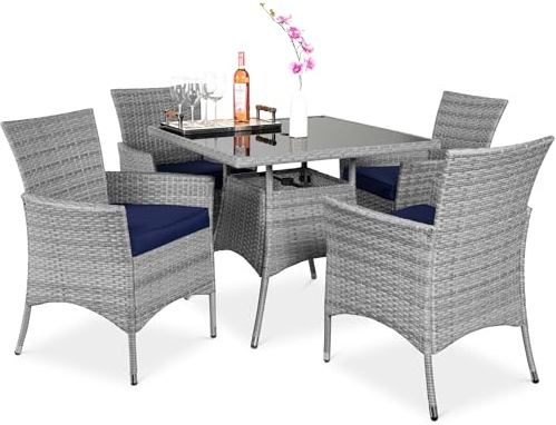 Best Choice Products 5-Piece Indoor Outdoor Wicker Dining Set Furniture for Patio, Backyard w/Square Glass Tabletop, Umbrella Cutout, 4 Chairs - Navy