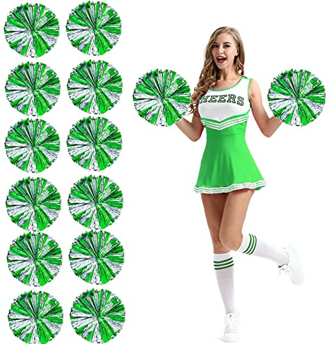 Extpro 12Pcs Cheerleading Pom Poms with Finger Holes Metallic Foil Cheer Pom Poms for Dance, Matches, Team Spirit Sports, Stage Performance, Carnival Celebration,12PCs Green Silver