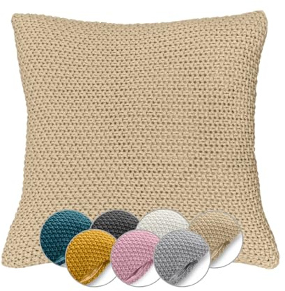 wometo Funda de cojín de punto 45 x 45 cm, color beige – Cremallera Öko-Tex, cojín decorativo cálido y suave con patrón de punto elegante y sencillo