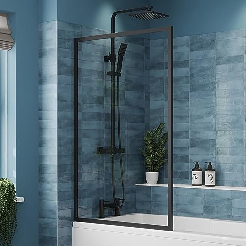 Luxura® 1400 x 800mm Black Over Bath Shower Screen Fixed Door Glass Panels & Screens for Baths, Bathroom Framed Square Design, 6mm Toughened Safety Glass