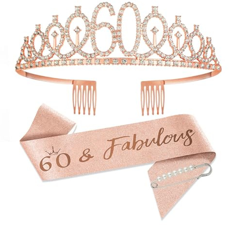 SCBOY Deco 60 Cumpleaños Mujer 60 Años Mujer Corona De Oro Rosa Y Fajín Decorativo Para Decoraciones De Cumpleaños