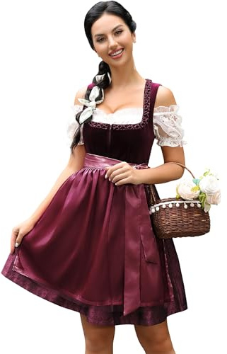KOJOOIN Robe Dirndl Trachten 3 pièces Velours pour Femme Midi Traditionnelle Dirndl Oktoberfest Rouge foncé 40
