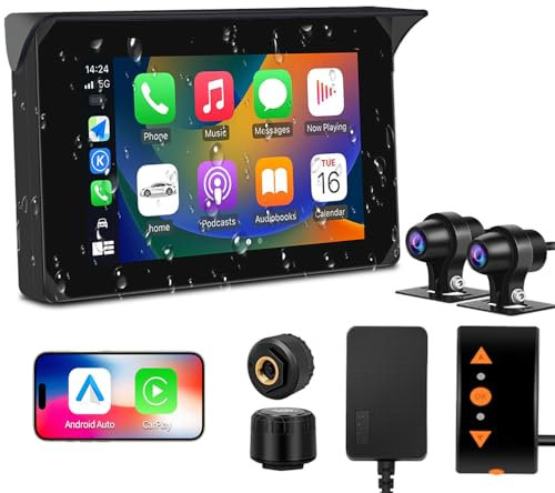 VSYSTO 5 Inch Motorcycle Carplay Touchscreen, Wirelss Carplay WiFi Waterproof SONYIMX307 1080P Front and Rear Camera Motorbike Dash Cam DVR System, TPMS, Parking Monitoring, GPS Navigation, G-sensor