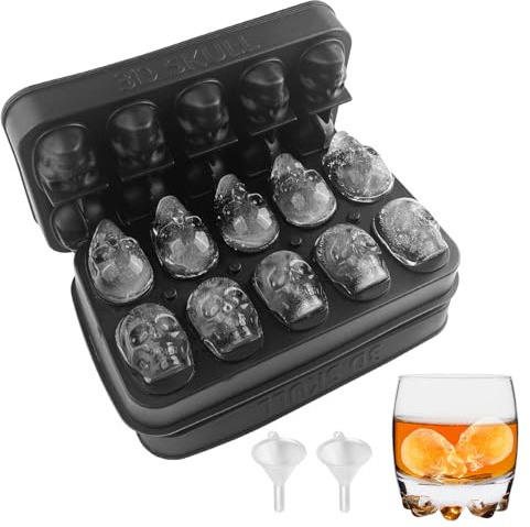 Dyaucwpo 2 Stück 3D Skull Eiswürfelformen, Silikon Totenkopf Eiswürfel BPA Freie, Skull Eisformen, Silikon Schädel Eisform mit Deckel, Eiswürfelbehälter mit Trichter