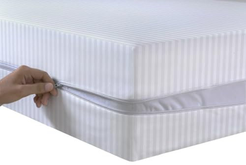 Satin Stripe Zipped Mattress Protector Double Side Zipper Closure Full Encasement Covers Anti Bed Bug Mattress Zip Protector 30cm Deep Matress Cover with Zip (White, Double)