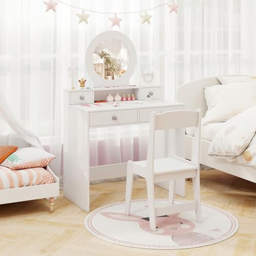 COSTWAY Toeletta Trucco per Bambina 3+ Anni 70x40x110cm, Set con Sedia a Schienale, Specchio Acrilico Rotondo Infrangibile, 4 Cassetti, Scaffale e Dispositivo Anti-ribaltamento, Ideale per Cameretta