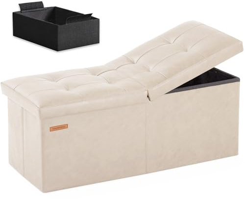 HAUSFRAU 31.5 Inches Ottoman with Storage Bench, Folding Ottoman Bench Small Foot Rest Stool, Bedroom Bench with Flipping Lid, Faux Leather Ivory