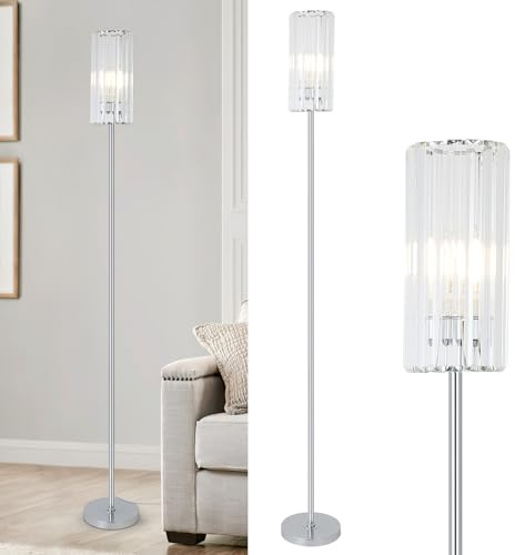 Rayofly Chrom Stehlampe Wohnzimmer, Modern Kristall Stehlampe mit Glas Lampenschirm, Silber Kristall Stehlampen mit Fußschalter, Crystal Floor Lamp, Ecke Stehleuchte für Schlafzimmer Kinderzimmer Büro
