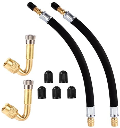 BOXOB Set di Prolunghe per Valvole Pneumatici, 2 Prolunghe Flessibili da 21cm, con Adattatori di Estensione Stelo in Ottone a 45 Gradi per Auto Camper Camion Moto e Bici
