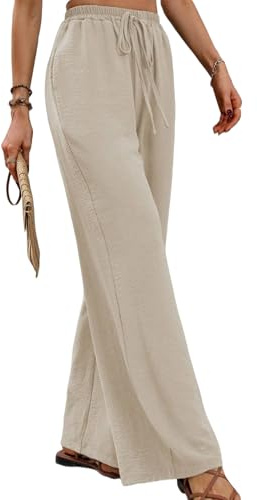 JiaYouLC Pantalon d'été décontracté en lin avec poches pour femme - Taille haute - Cordon de serrage - Pour le sport, la course à pied, kaki, XXL