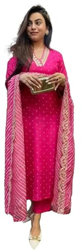 DREAMANGEL FASHION Womens Kurta Set Silk Blend Stright Jacquard Khatali Work Kurta and Pant with Dupatta Set (US, Alpha, XX-Large, Regular, Regular, Pink02)