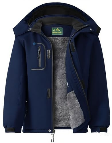 GQDSZ Boy's Waterproof Ski Jacket, Warm Fleece Lined Winter Snow Windproof Jackets, Hooded Ski Coat, Navy, 10-12