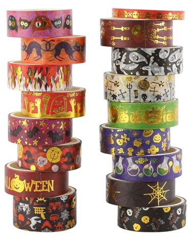 Fyfjur 17 Rotoli Washi Tape Halloween, Nastro Adesivo Decorativo Autoadesiva, Colorato Decorativo per Lavoretti Halloween Fai-Da-Te, Scrapbooking, Confezioni Regalo (5MM, 15MM, 20MM)