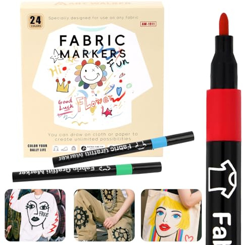 MOTIBACK Fabric Markers Permanent for Clothes, 24 Colour Textile Paint Pens Set, Machine Washable Fabric Pen for DIY T-Shirts, Canvas Shoes, Tote Bags & Craft Projects
