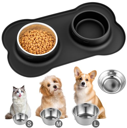 Tapis Gamelle Chat INOX, 2 PcsGamelle pour Chien et Chat Antidérapante en Acier Inoxydable, Double Bols Eau avec Tapis Gamelle Chien Anti Eclaboussure en Silicone (49 x 28 cm) L