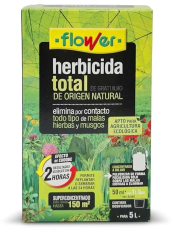 FLOWER Herbicida Total Ecológico de Origen Natural para 150 m² | Elimina Malas Hierbas y Musgo de Acción Rápida | Alternativa Glifosato Súper Concentrado 250 ml para 5L | Resultados en 2H (1 UD)