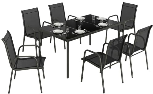 Outsunny Salon de Jardin 6 Personnes Table Chaises Empilables Noir | Mobilier de Terrasse, Textilène, Plateau en Verre Trempé, Repas en Extérieur