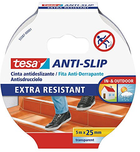 tesa Nastro Antiscivolo Trasparente - Nastro adesivo antiscivolo per l'uso interno ed esterno - Per scale, rampe, pavimenti lisci o bagnati e barche - 5 m x 25 mm