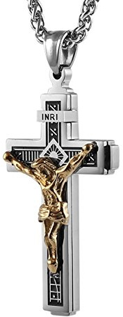 HZMAN Catholic Jesus Christ on INRI Cross Crucifix Gold Silver Tone stainless steel Pendant Necklace 22+2 Chain (Silver & Gold)