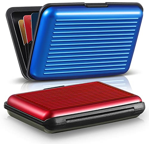 BBTO 2 Pieces Credit Card Holder Slim Mini Rfid Blocking Credit Card Protector Aluminum Business Box Metal ID Organizer Wallet with 6 Slots for Women Men(Red, Blue)