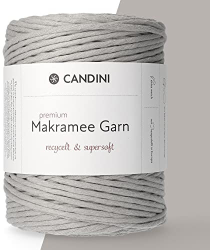 Candini Premium Makramee Garn | silbergrau | 3mm x 200m | 100% recycelte Baumwolle aus Portugal | Makramee Baumwollgarn, DIY, grau