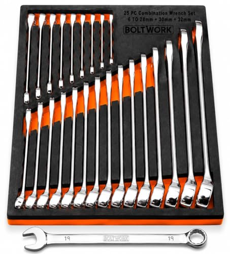 BOLTWORK Juego de 25 llaves combinadas abiertas y bihexagonales, forjadas en caída de 6 a 28, 30, 32 mm, tamaños métricos suministrados en bandeja de espuma EVA de almacenamiento pesado