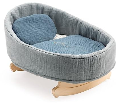 DJECO POMEA Puppenwiege Blue Dream aus Holz mit Baumwollstoff, Kissen & bestickter Decke | Für Puppen 30–36 cm | Ab 2 Jahren | FSC-zertifiziertes Holz