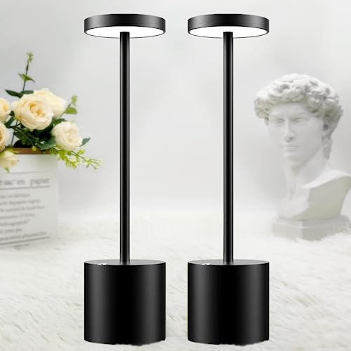 Hapfish Rechargeable LED Table Lamp, 5000mAh 2 Pack Cordless Battery Operated Table Lamps, 3 Color Modes, Dimmable, USB Desk Light for Home, Dining, Bedside, Outdoor, Living Room - Black