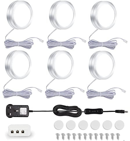 Under Cabinet Lights Kit, Set of 6 LED Puck Lights, 12W 1500LM Display Cabinet Lighting, 12V LED Caravan Boat Lights for Kitchen, Closet, Counter, Cupboard, Shelf, Wardrobe and More (Cool White)