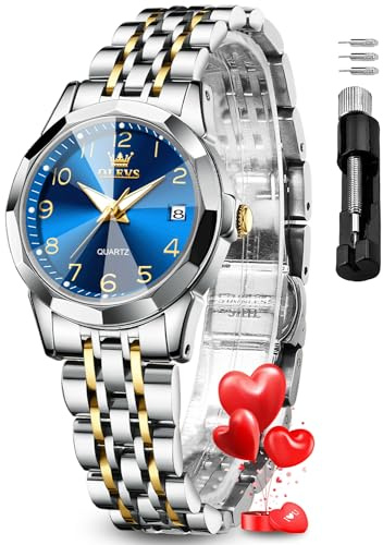 OLEVS Blue Womens Watch Fashion Dress Diamond Female Watches for Ladies Analog Quartz Silver Stainless Steel Waterproof Luminous Day Date Two Tone Wristwatch