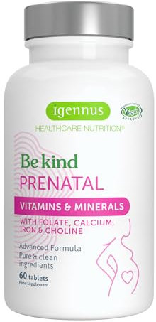 Igennus Advanced Prenatal Methylated Multivitamin, Folate for MTHFR, High Absorption, Clean Label, with Calcium, Choline, Magnesium & Gentle Iron, Complete Vegan Pregnancy Vitamins, 60 Tablets