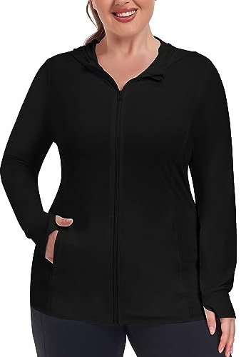 COOTRY Women's Plus Size UPF 50+ Sun Protection Jacket Lightweight Long Sleeve Zip Up Hoodie Cooling Sun Shirt Hiking Workout Black 5XL