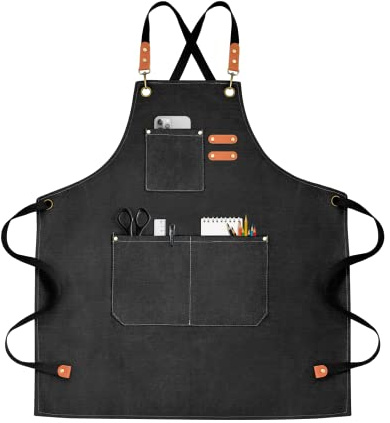 OUNLEN Chef Apron for Men Women Canvas Aprons with 3 Pockets Cross Back Resistant Work Apron for Cooking Grilling Baking BBQ Barber Kitchen (Black)