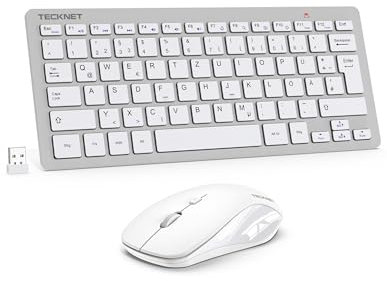 TECKNET Kabelloses Tastatur Maus Set, Deutsch QWERTZ Layout, 2.4 GHz Funk Mini Tastatur Mouse, 15m Reichweite Verbindung, Wireless Leise Funktastatur mit Maus für PC, Laptop, Smart TV, Silber