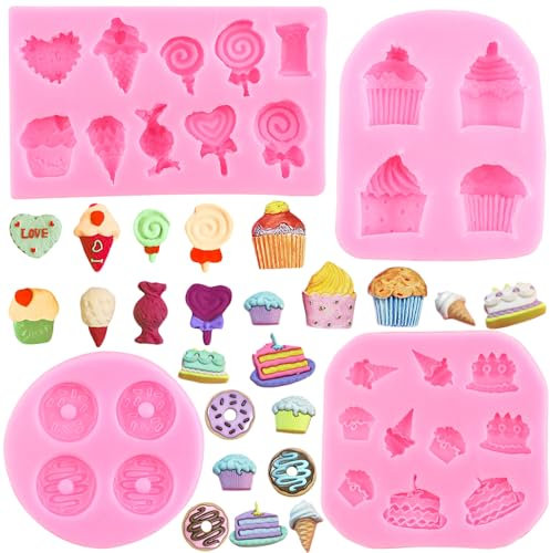 RFGHAC Cornet De Crème Glacée Moules En Silicone Beignet Fondant Moule Sucette Bonbons Moule Pour Décoration De Gâteaux Cupcake Topper Popsicle Argile Polymère Pâte De Gomme Au Chocolat Ensemble De 4