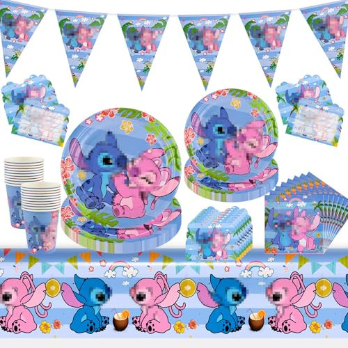 WuGU Set Compleanno Bambina,102 Pezzi Stoviglie per Feste di Compleanno, Decorazioni Compleanno Bambina con Piatti, Bicchieri di Carta, Tovaglioli, Stoviglie per Feste- Blu