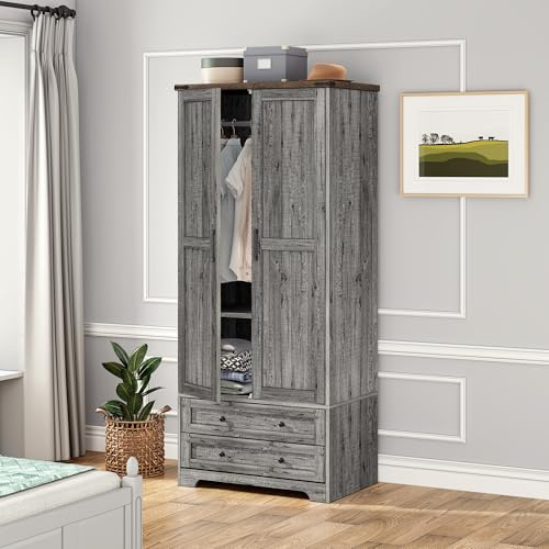 Brafab Armoire Wardrobe Closet with 2 Modern Doors, 71 Tall Freestanding Closet Wardrobe Cabinet with Drawers and Hanging Rail, Light Wooden Storage Cabinet with Shelve for Bedroom (Grey, 2 Doors)