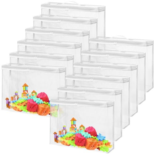 AKOLAFE 12 Pack Toy Storage Bags Clear 40x10x30 cm PVC Lego Storage Bags with Handle Toy Organiser for Building Blocks Puzzles Lego Toys