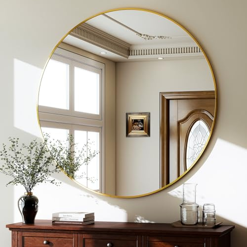 BEAUTYPEAK Specchio rotondo da 60 cm, con cornice in lega di alluminio, vetro HD che può essere appeso, adatto per decorare la casa, il bagno e la toeletta, colore: oro