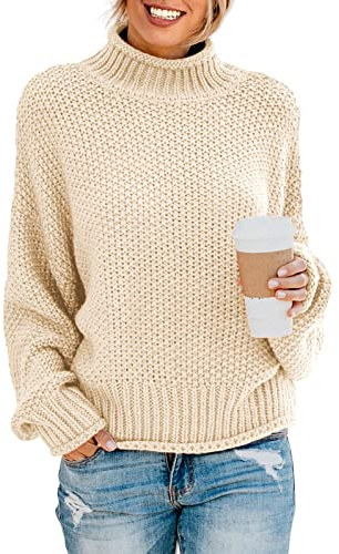 Yuson Girl Pull Femme Hiver Chaud Col Montant Col Roulé Sweater Casual Manches Longues Tricoté Thermique Épais Pull Élégant pour Automne et Hiver,Abricot,M