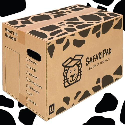 SAFARIPAK - 10 Pack Strong Large Reusable Cardboard Storage Packing Moving House Boxes 52cm x 30cm x 30cm with Carry Handles and Room List Checkboxes - 47 Litres Capacity
