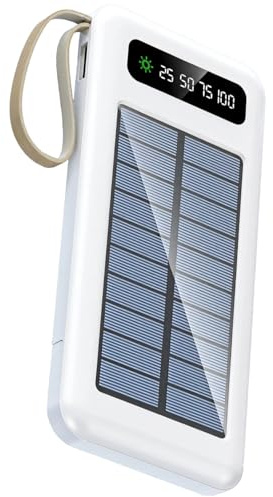 Kronabelle Caricatore solare da esterno da 20000 mAh, power bank di grande capacità con indicatore LED, torcia, cavi integrati, porte bianche per dispositivi multipli, certificato Fcc CE