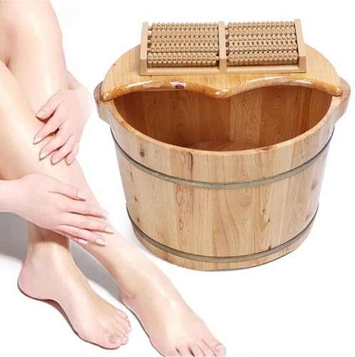 Baignoire en bois pour les pieds avec masseur et couvercle – Bassin de trempage portable pour se détendre à la maison, à la plage ou en voyage