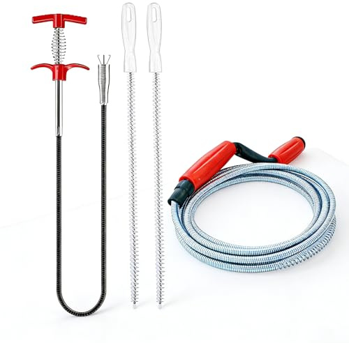 Plumbing Spiral Set of 4 - 5 m Drain Cleaner Spiral, 1.5 m Gripper & 2 x Drain Brush, Spiral Drain Pipe Cleaning for Blockages in Toilet, Sink, Bathtub