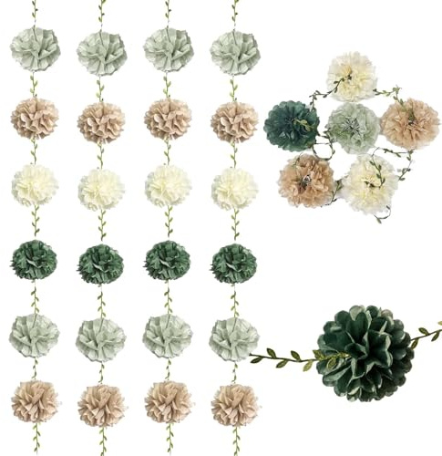 TREABEAR 4 Pompones Decorativos de Papel Verde y Dorado, Decoración de Fiesta Verde Salvia, Guirnalda Decorativa para Fiestas en El Jardín, Guirnalda con Enredos Artificiales Verdes