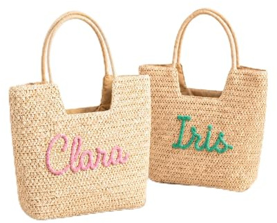 SLKXNU Borsa Tote in Paglia Personalizzata Ricamo Nome, Borsa a Spalla Estiva Rafia Uncinetto Artigianale, Borsa Shopping Boho con Scritta Personalizzabile, Regalo Compleanno Donna Mamma Amica