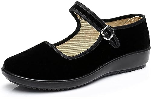 AioTio Velours Chaussures Mary Janes Femme Chaussons Ballerine Femme Chaussure Plate Femme Souples Semelle en Caoutchouc Antidérapant Chaussure Chinoise Femme avec Doublure en Coton Confortable -35 EU